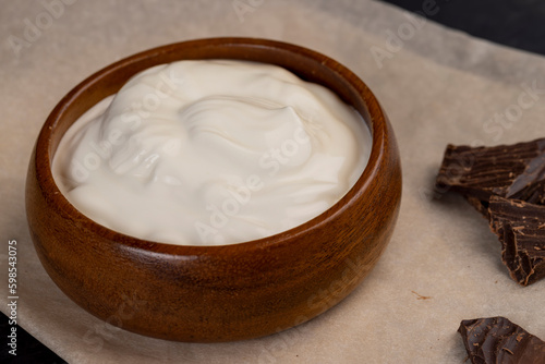 Creamy yogurt with chocolate close up