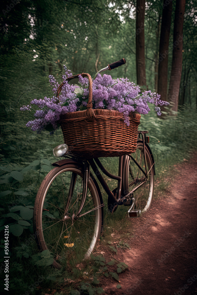 A bicycle with a baske full of purple flowers. Generative AI