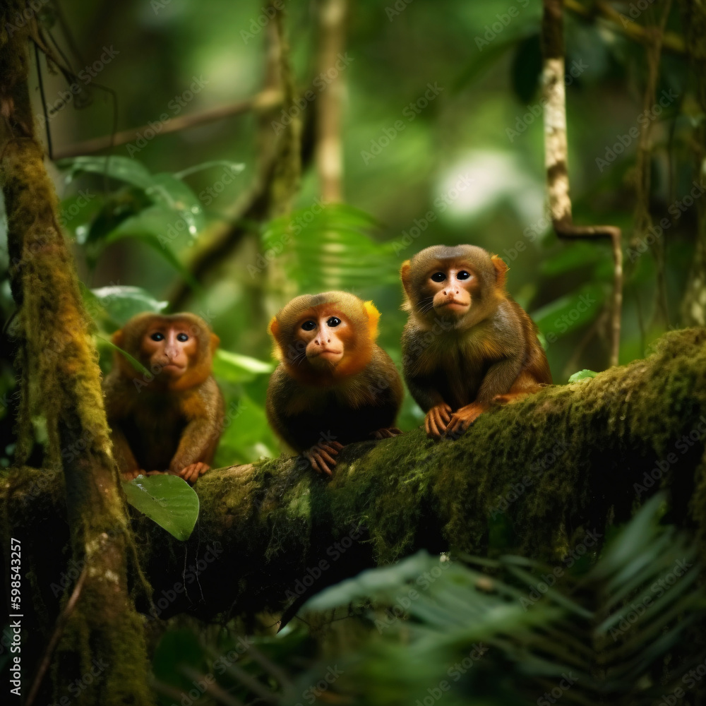 Obraz premium three cute monkeys in the jungle, unfathomable rainforest wildlife, generative ai 