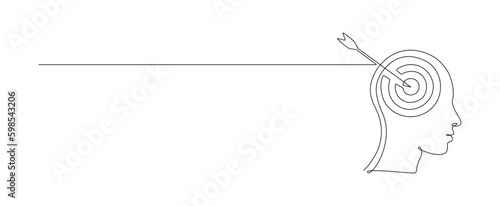 One continuous line drawing of head with target and arrow. Mental health and success focus concept in simple linear style. Editable stroke. Doodle outline vector illustration with empty Generative AI