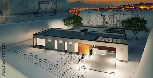 Obraz na płótnie Entwurf eines modernen Bungalows mit Nachtbeleuchtung (City of Cagliari After Sunset in Background)- 3D Visualisierung w salonie