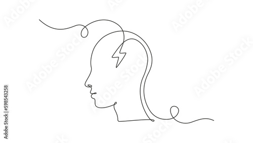 One continuous line drawing of head with charging and lightning battery level. Mental health and mindfulness concept in simple linear style. Editable stroke. Doodle vector illustration Generative AI