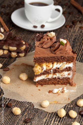 Sweet cake with chocolate cakes and salted caramel with nuts