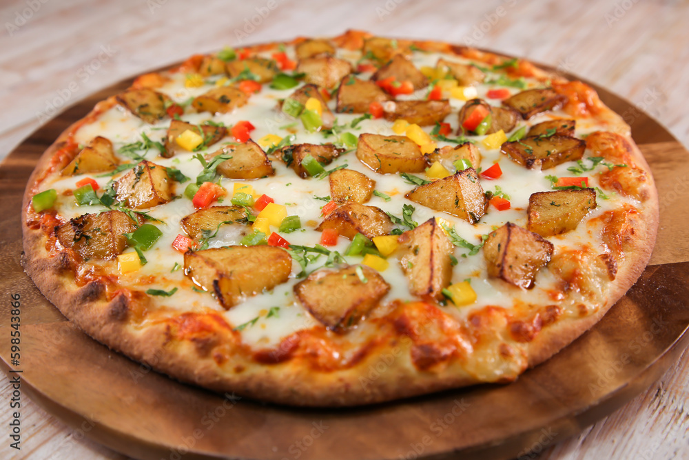 Batata harra pizza with potato served in cutting board isolated on background top view of fast food