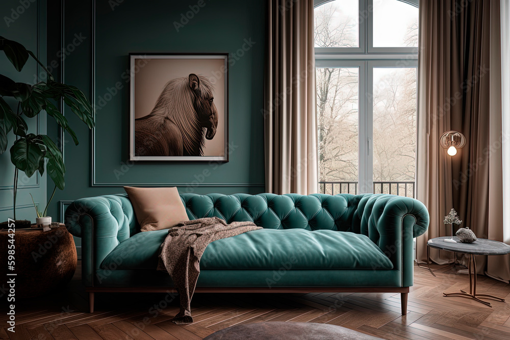 Fototapeta premium A blue couch sitting in a living room. Interior design. Generative AI