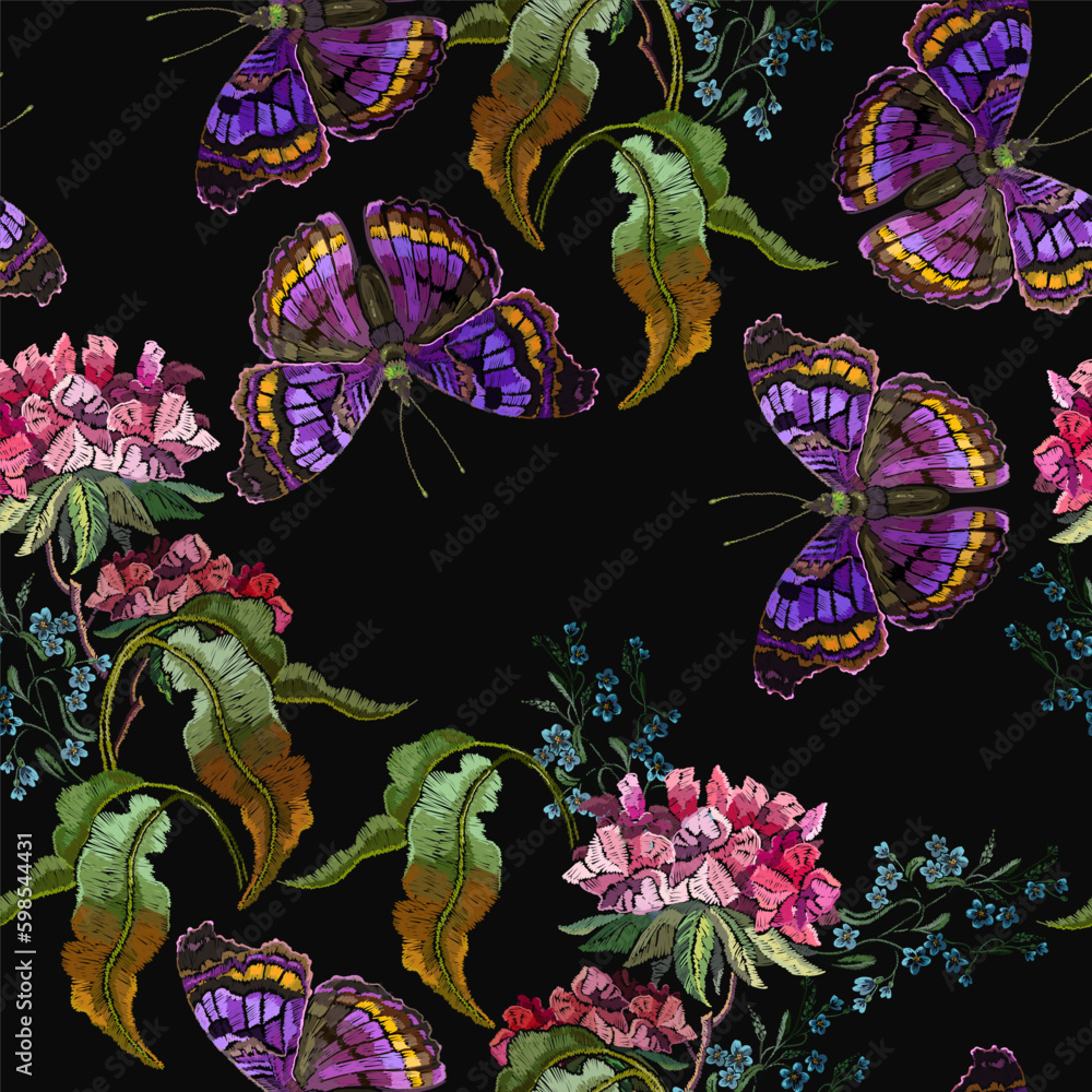 Embroidery datura flowers and butterflies. Template for design of clothes, t-shirt design. Seamless pattern. Botanical illustration. Summmer garden art