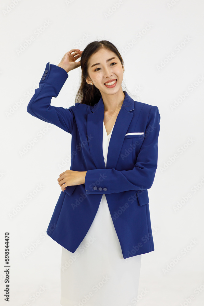 Portrait closeup isolated cutout shot of Asian cheerful happy professional successful female businesswoman secretary employee in formal business suit and dress standing smiling on white background Portrait closeup isolated cutout shot of Asian cheerful happy professional successful female businesswoman secretary employee in formal business suit and dress standing smiling on white background