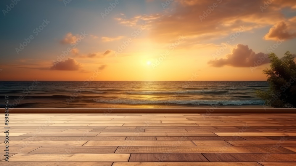 Wooden floor and sea at sunset background. Generative AI