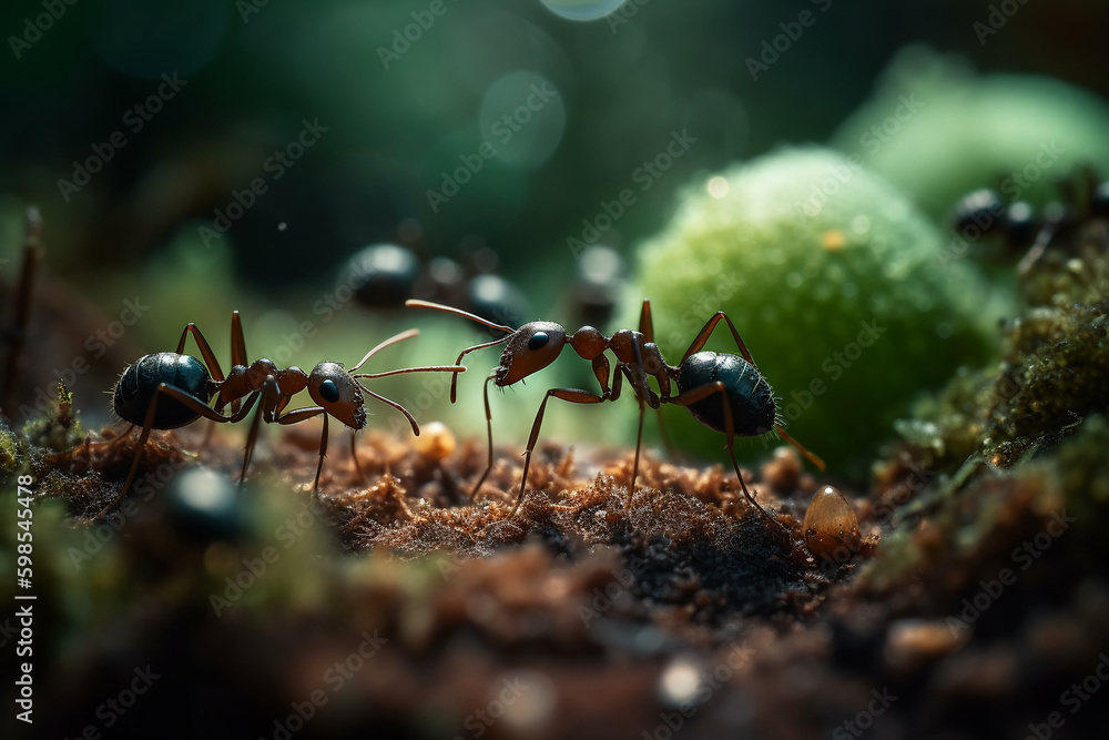 Fototapeta premium Black ant on the ground. Generative ai