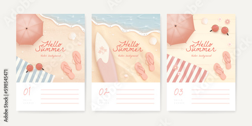 Set of beautiful banner, poster or greeting card design template with realistic summer elements on a beach background. Vector illustration