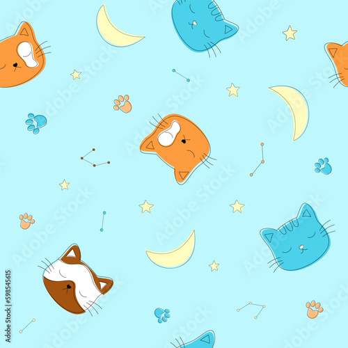 Seamless pattern with kittens, stars and constellations. Cute kids texture for fabric, textile, wrapping, apparel, wallpaper. Vector illustration. 