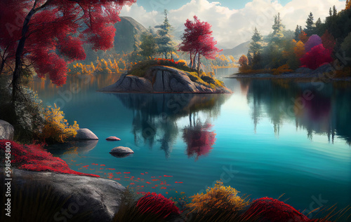 A Tranquil Lake, Cradled by Nature's Palette of Beautiful Colors, as Vibrant Flowers Paint the Water landscape with Their Mesmerizing Beauty and Fragrant Whispers - AI Generated