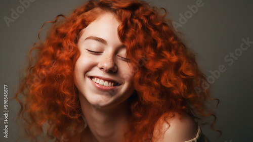 generative ai tools , Happy beautiful smiling girl with closed eyes touching her red curly hair 