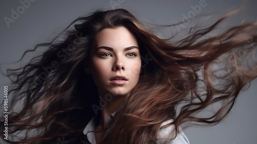 Young brunette model with beautiful hair on grey ackground. A young girl with her hair flying , generative ai tools 