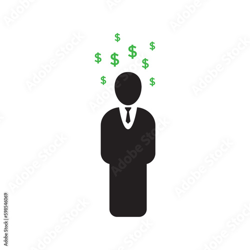 black stick figure rich man. outline flat style trend modern simple logotype graphic art design on white background. concept of thoughts of wealth and personal success or male dreams of big earnings
