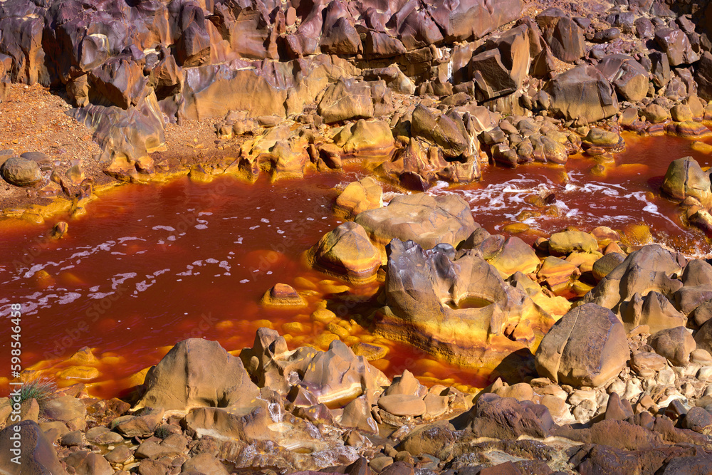natural Textures of sulfuric deep red Water of Rio Tinto river, Province Huelva, Andalusia, Spain
