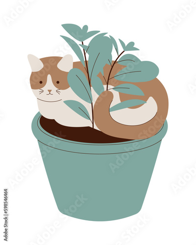 A cute cat with brown spots lies with a deadpan look in a pot with an indoor flower. Flat design style. Vector illustration.