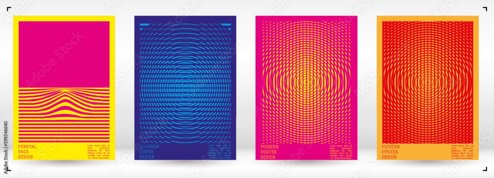 Geometrical Poster Design with Optical Illusion Effect.  Modern Psychedelic Cover Page Collection. Colourful Wave Lines Background. Fluid Stripes Art. Swiss Design. Vector Illustration for Brochure.