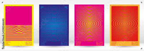 Geometrical Poster Design with Optical Illusion Effect.  Modern Psychedelic Cover Page Collection. Colourful Wave Lines Background. Fluid Stripes Art. Swiss Design. Vector Illustration for Brochure.
