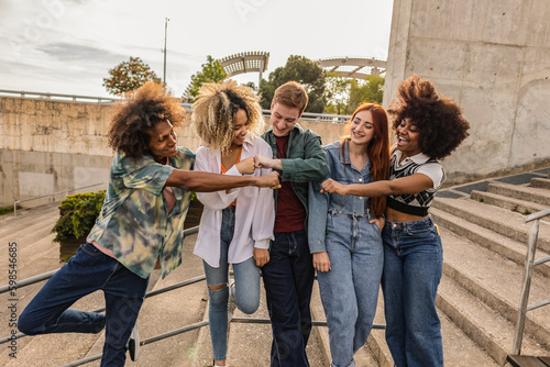 Photography multiracial young people shake hands, happy lifestyle friendship concept in mult