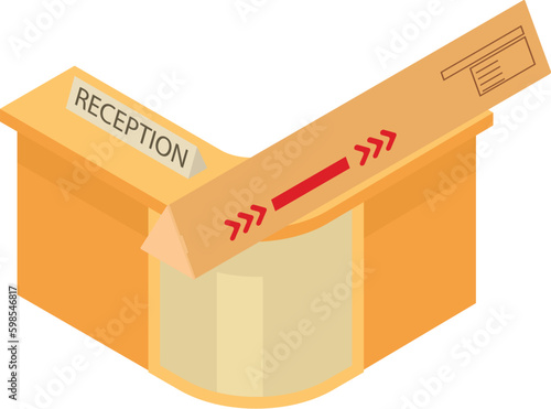 Hotel furniture icon isometric vector. Delivery package on wooden reception desk. Workplace equipment, delivery furniture