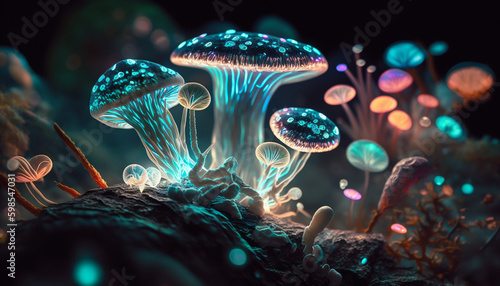 The Glowing World of Bioluminescent Neon Lighting Mushroom, Generative AI
