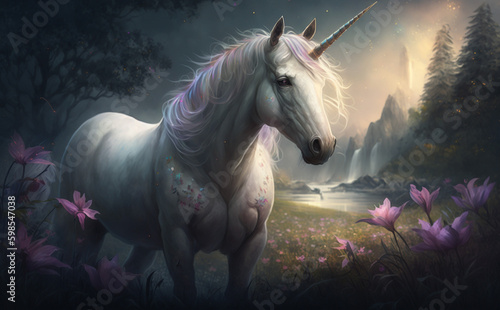 Unicorn standing in a peaceful grassland  Generative AI 