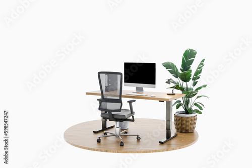 single isolated computer workspace on wooden podium with adjustable desk and plant; freelance and home office concept; 3D Illustration