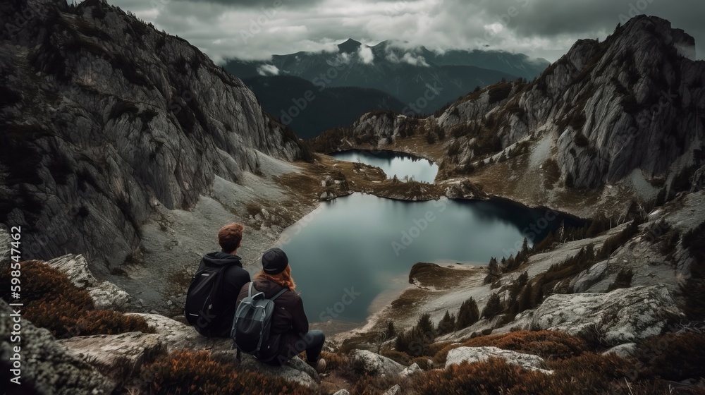 picture of a couple of on best of a mountain looking at an snow capped lake. Creative resource, AI Generated