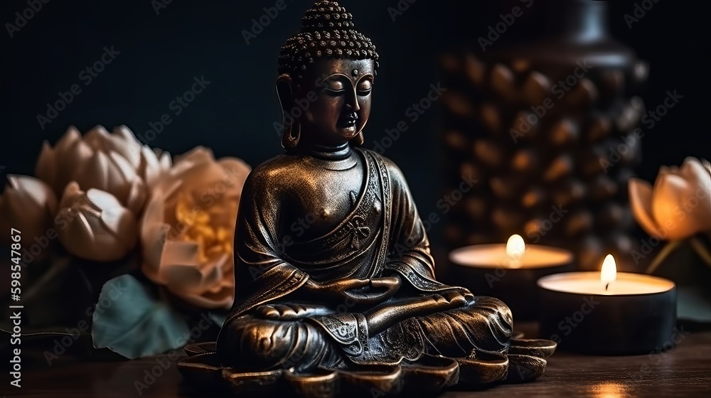 Buddha statue in reflection with lotus bloom and burning candles. Creative resource, AI Generated