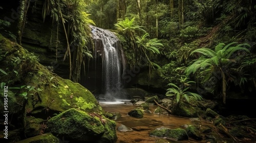 waterfall in a tropical wild. Creative resource  AI Generated