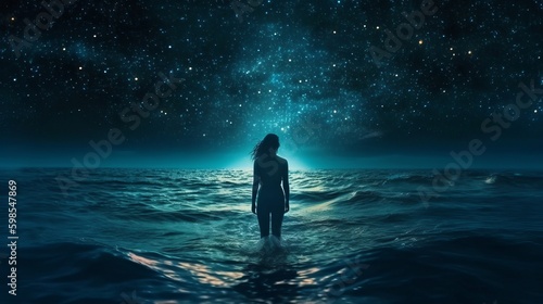 Chart of slant woman standing in ocean at night and moving to cloud white sparkling space. Creative resource, AI Generated
