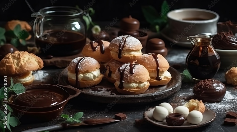 Delightful profiteroles with chocolate spread, cream and fragrant tea on wrapped table. Creative resource, AI Generated Delightful profiteroles with chocolate spread, cream and fragrant tea on wrapped table. Creative resource, AI Generated