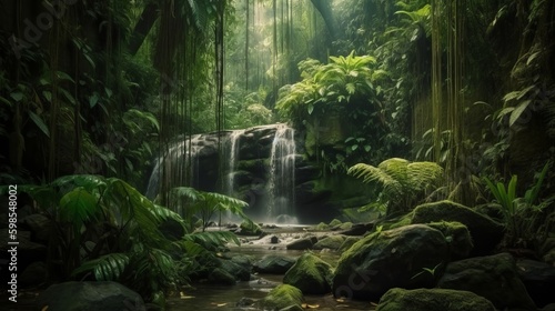 waterfall in a tropical wild. Creative resource, AI Generated