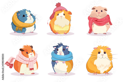 Set of Guinea pig hamster with a scarf. A flat, cartoon-style design featuring a set of adorable guinea pigs and hamsters wearing colorful scarves. Vector illustration.
