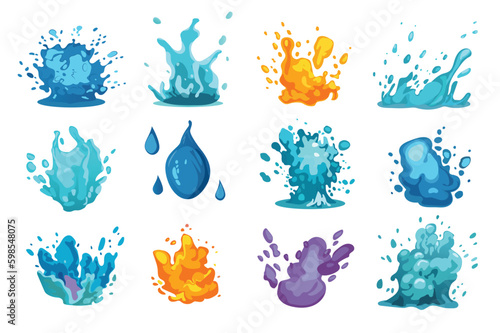 Splash explosion drops set. A set of flat cartoon designs featuring colorful and dynamic splash explosions and drops. Vector illustration.