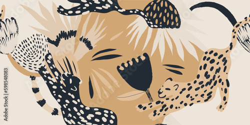 Hand drawn exotic abstract print with leopards. Bohemian style collage contemporary seamless pattern. Fashionable template for design.