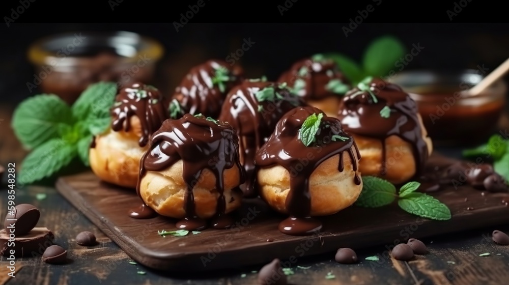 Delightful profiteroles with chocolate spread, cream and fragrant tea on wrapped table. Creative resource, AI Generated