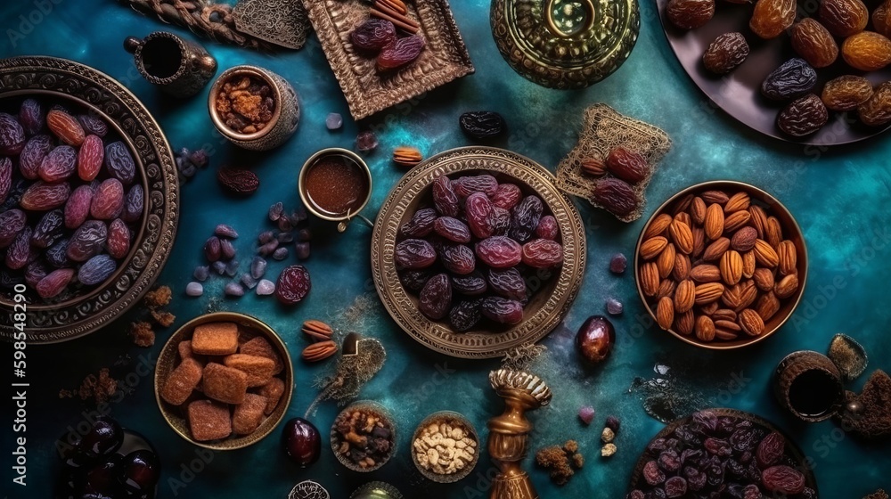 Eid al-Fitr occasion concept with sweet dried dates, natural products and enhancements on shinning foundation. Creative resource, AI Generated Eid al-Fitr occasion concept with sweet dried dates, natural products and enhancements on shinning foundation. Creative resource, AI Generated