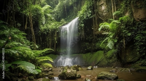 waterfall in a tropical wild. Creative resource  AI Generated