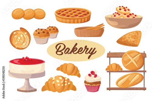Bakery shop set. A set of flat, cartoon-designed illustrations featuring various baked goods and bakery-related items such as bread, pastries, rolling pins, and measuring cups. Vector illustration.