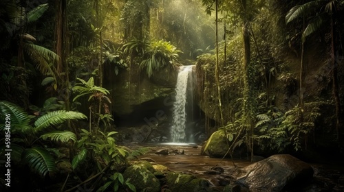 waterfall in a tropical wilderness. Creative resource  AI Generated