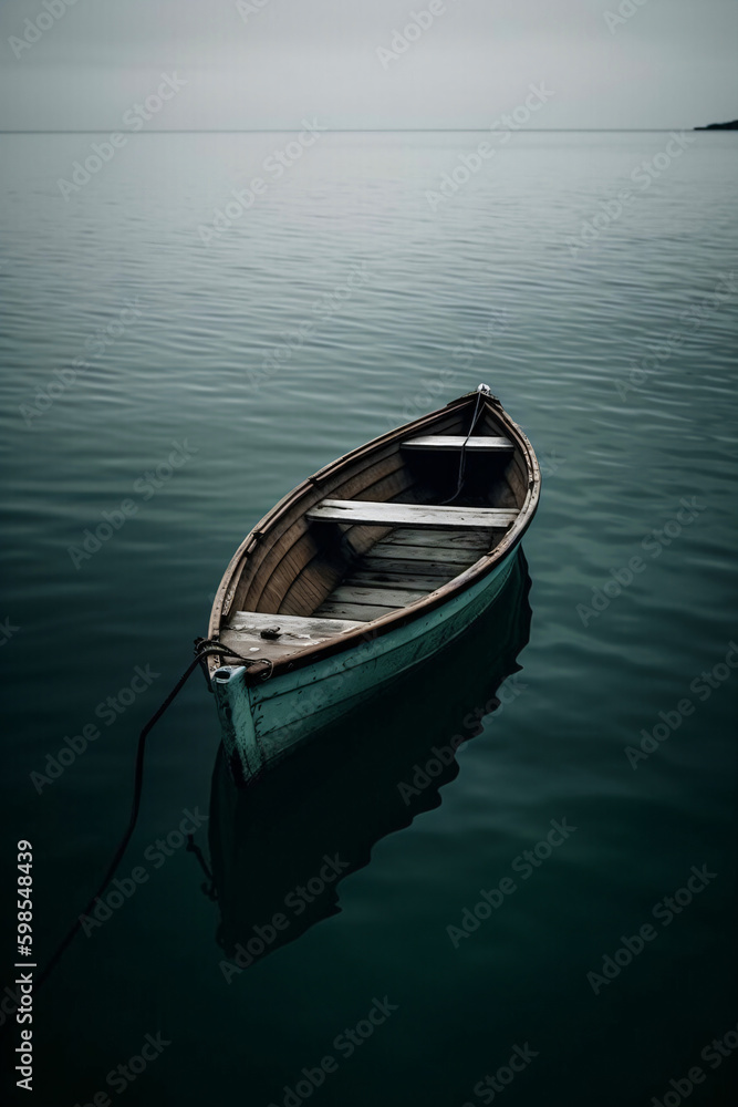 a small rowing boat is floating alone on the water and there is nothing around, generative ai