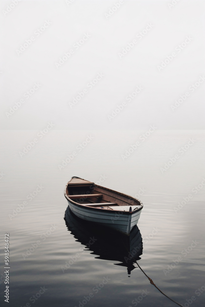 Naklejka premium a small rowing boat is floating alone on the water and there is nothing around, generative ai