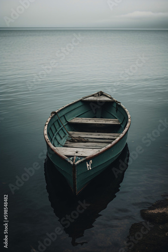 a small rowing boat is floating alone on the water and there is nothing around, generative ai