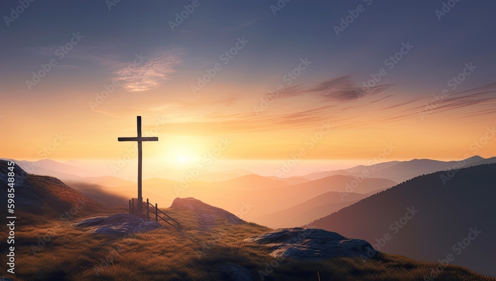 Cross silhouette on the top of a mountaintop with a sunset background. Generative AI Cross silhouette on the top of a mountaintop with a sunset background. Generative AI