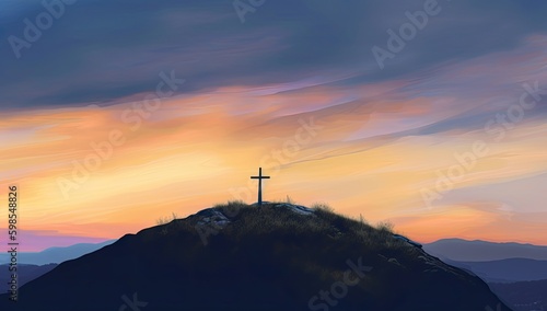 Cross silhouette on the top of a mountaintop with a sunset background. Generative AI