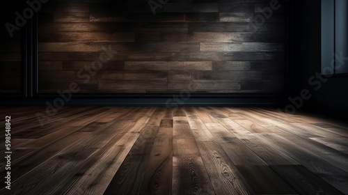 Cleanse light somber divider with stunning chiaroscuro and wooden floor. Bolt in foundation for thing introduction. Creative resource, AI Generated