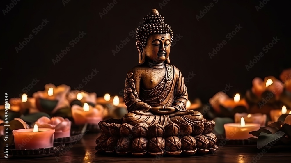 Buddha statue in reflection with lotus make and burning candles. Creative resource, AI Generated