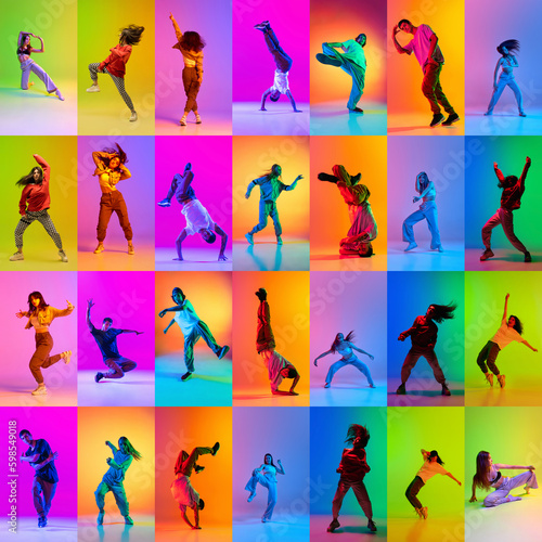 Canvastavla Collage made of different young people expressively dancing hip-hop against multicolored background in neon light